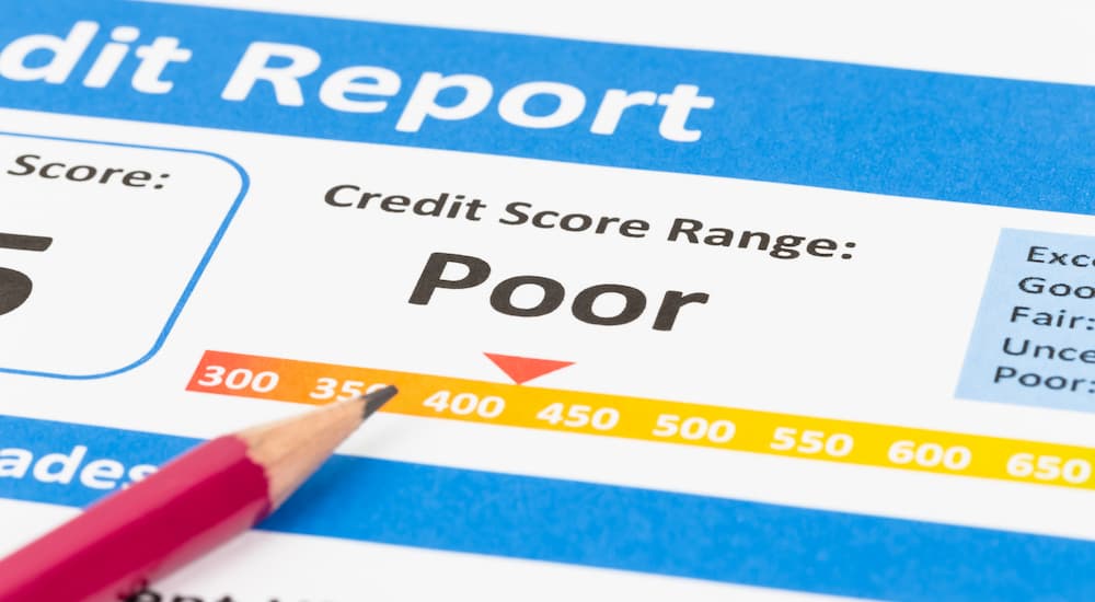 A close up of a poor credit score report is shown.